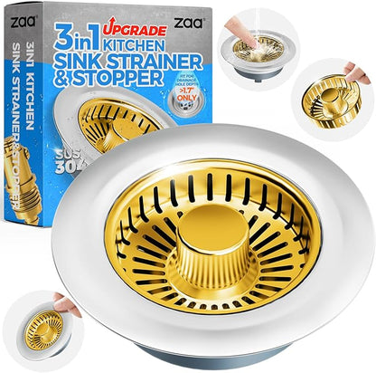 zaa Kitchen Sink Drain Strainer - Kitchen Sink Stopper, 304 Stainless Steel Sink Drain Stopper, Sink Protector for Kitchen with Anti-Clog Filter, Fit US Standard 3-1/2'' Sink Drain Hole, Gold