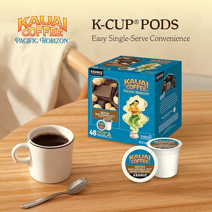 Kauai Coffee K-Cup Pods for Keurig Brewers – Arabica Coffee, 10% Hawaiian – Medium Roast, Savory and Chocolatey Aroma – Mocha Macadamia Nut, 1 Pack of 48 Single Serve K-Cups
