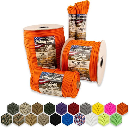 TOUGH-GRID 750 Paracord Rope Nylon Parachute Cord, Made in USA Survival Kit, Outdoor Adventures, Camping, Tactical Gear & Emergency Supplies, Military Type IV Mil-Spec