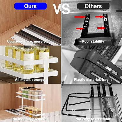 2 Pack Pull Out Spice Rack Organizer for Cabinet, 2 Tier Metal Slide Out Seasoning Organizer and Storage Heavy Duty Vertical Spice Rack Shelf Pullout for Kitchen Cabinets No Drilling (White)