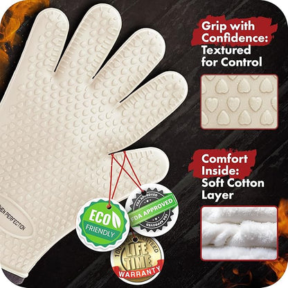 KITCHEN PERFECTION Silicone Smoker Oven Gloves For Women -Extreme Heat Resistant BBQ Gloves -Handle Hot Food Right on Your Smoker Grill Fryer|Waterproof Oven Mitts Grill Gloves |Superior Set+3 Bonuses