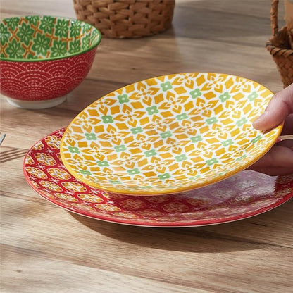 ONEMORE Ceramic Dinnerware Set, 12 Pieces Dish Sets for 4, Porcelain Plates and Bowls Sets, Microwave and Dishwasher Safe, Colorful