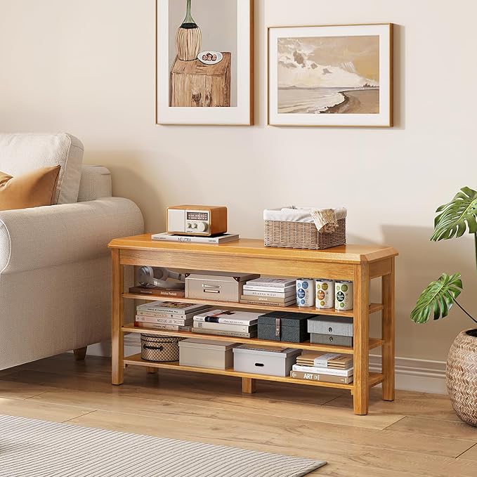 Shoe Rack Bench Seat Rubberwood 3-Tier Wooden Storage Bench 550lbs Compact Mid-Century Modern Design for Entryway, Hallway, Closet, Front Door Entrance, Foyer