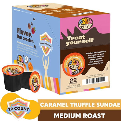 Crazy Cups Flavored Coffee for Keurig K-Cup Machines, Caramel Truffle Sundae, Hot or Iced Drinks, 22 Single Serve, Recyclable Pods