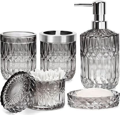 Black Bathroom Accessories Set, 5 Pcs Vintage Diamond Clear Glass Bathroom Set Include Lotion Soap Dispenser, Soap Dish, Toothbrush Holder, Tumbler, Cotton Swab Jar for Modern Bath Countertop Decor