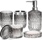 Black Bathroom Accessories Set, 5 Pcs Vintage Diamond Clear Glass Bathroom Set Include Lotion Soap Dispenser, Soap Dish, Toothbrush Holder, Tumbler, Cotton Swab Jar for Modern Bath Countertop Decor