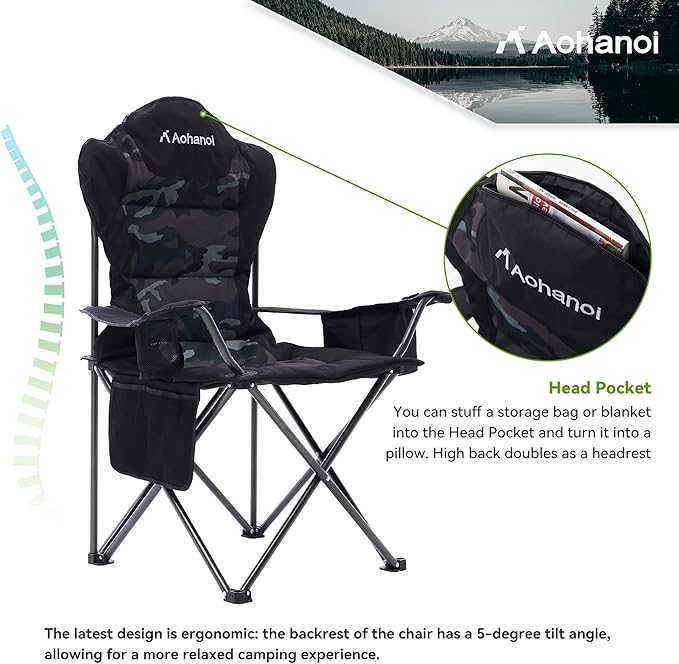 Camping Chairs, Outdoor Folding Chairs 2 Pack for Heavy People, Folding Chairs for Outside, Camp Chairs with Cup Holder & Cooler Bag, Supports up to 300lbs (2 Pcs, Camo)