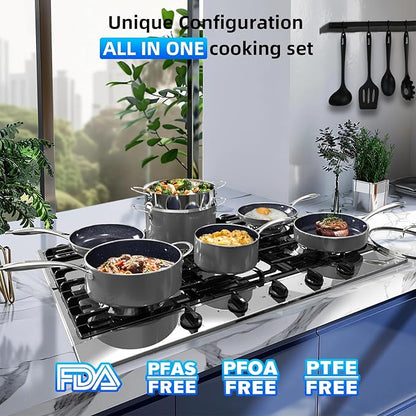 Deluxe DUXANO 14PC Healthy Pots and Pan With 9H Anti-scratch Coating, 2-Layer Non-Stick Ceramic&PFAS Free, Sensitively&Evenly Induction Cooking, Enhanced Flavor with Infrared Cookware, Dishwasher Safe