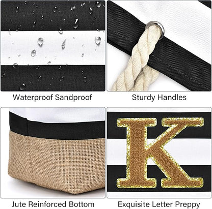 Becokan Beach Bag Initial Beach Tote with Makeup Bag for Travel Work Storage Personalized Birthday Gifts for Women Her