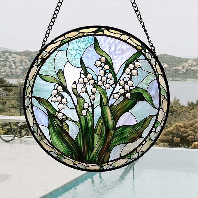 Stained Glass Window Hanging, White Green Lily of The Walley Flowers Sun Catcher for Door Home Decor Plants Suncatcher Christmas Mother's Day Birthday Gifts for Women Men Mom Nana 15 in