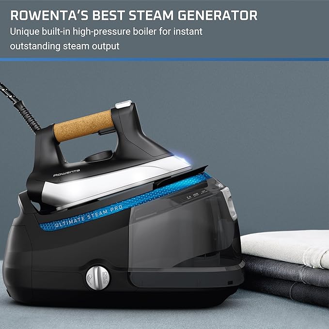 Rowenta, Iron, Ultimate Steam Pro Stainless Steel Soleplate Professional Steam Station for Clothes, 1800 Watts, 1.3L Removable Tank, Boiler Technology, Fast Heat Up, Black Clothes Iron, DG8668