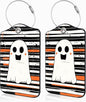 Halloween Set of 2 Luggage Tags Cute Ghost on Black and White Stripes Luggage Tags for Suitcases Leather Suitcase Tags with Privacy Name Address Label and Stainless Steel Loop for Women Men Travel Bag