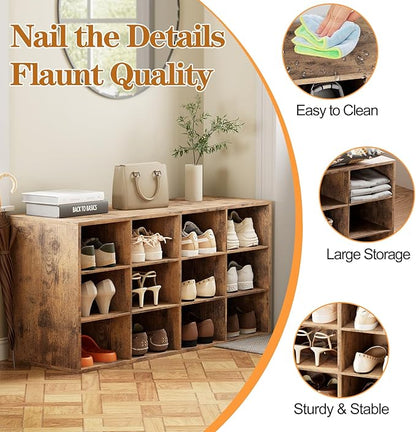 12-Cubby Shoe Rack, 3-Tier Wood Shoe Organizer, Multifunctional Shoe Organizer Bench for Entryway, Mudroom, Hallway, Closet,36.22 * 11.81 * 17.72 Inch,Brown