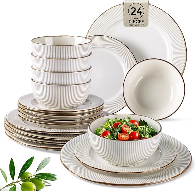 GBHOME Ceramic Dinnerware Sets, 24 pcs Embossed Elegant Stoneware Plates and Bowls Sets, Housewarming Wedding Gift | Dishwasher & Microwave Safe | Dishes Set Service for 8