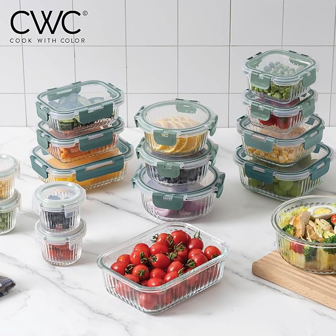COOK WITH COLOR Premium 32-Pc. Borosilicate Glass Food Container Set with Dividers - 4 Rectangles, 8 Rounds, 4 Squares - Leakproof Lids - Meal Prep, Storage, Fluted Ombre Green
