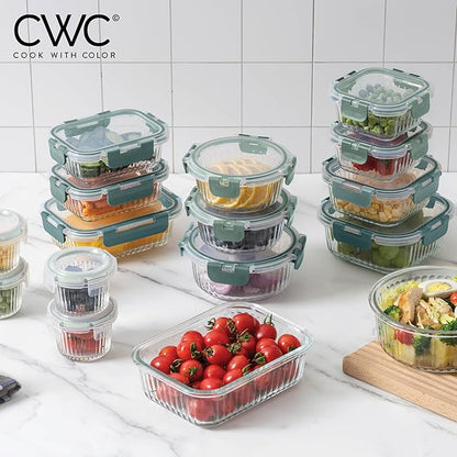 COOK WITH COLOR Premium 32-Pc. Borosilicate Glass Food Container Set with Dividers - 4 Rectangles, 8 Rounds, 4 Squares - Leakproof Lids - Meal Prep, Storage, Fluted Ombre Green