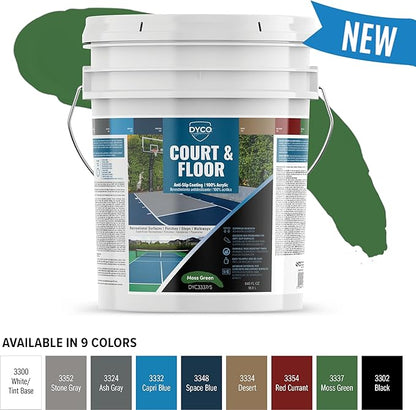 DYCO Court & Floor Anti-Slip Coating - Slip Resistant Pavement, Cement & Concrete Paint for Pickleball, Tennis & Basketball Courts, Exceeds ADA Standards for Safety Areas (Moss Green, 5 Gallons)