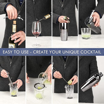 11Pcs-Cocktail Shaker Set Black Bartending Kit 25oz Cocktail Bar Set Cocktail Mix Drink Making Kit Professional Bar and Home Drink Bar Tools for Bartender（Gun-Metal Black）
