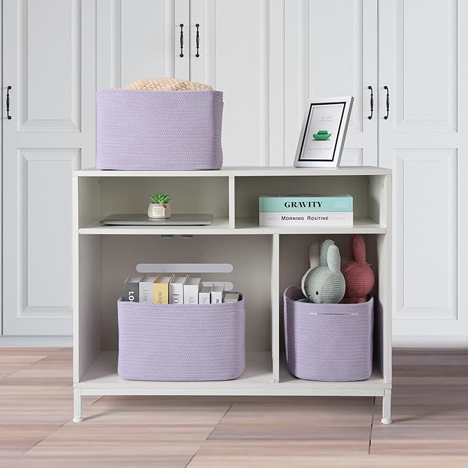 Cotton Rope storage Basket Bins Woven Basket for Organizing Shelves Rectangle Decorative Baskets For storage Clothes Toys Books Towels Square Wicker Nursery basket organizer 3 pack purple lavender