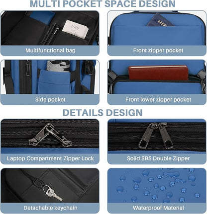 Travel Backpack Carry On Flight Approved, Lightweight Large Travel Backpack, Expandable with USB Charging Hole, Waterproof Causal Bookbag for Travel Work College Fits 17 inch Laptop, Blue