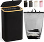 100L Laundry Hamper with Lid, Large Laundry Basket with Bamboo Handles, Clothes Hampers for Laundry with Removable Bag, Dirty Clothes Hampers for Bedroom Aesthetic, Black