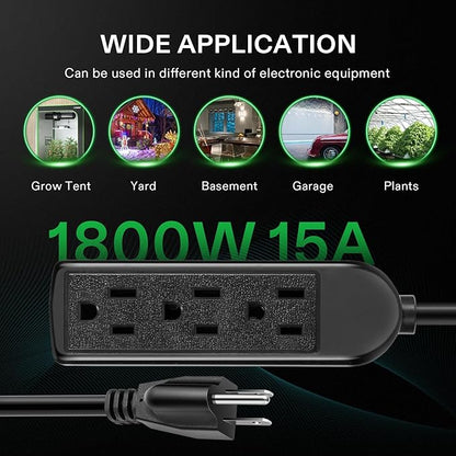 VIVOSUN 50 ft Extension Cord, 3-Outlet Power Strip with 1800W Surge Protection, 15A 14 AWG, Flat Heavy Duty Extender for Indoor Outdoor Use, Garden Home Office, Black