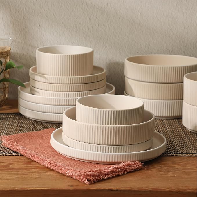 Gibson Elite Deerfield 16-Piece Stoneware Dinnerware Set – Cream White Reactive