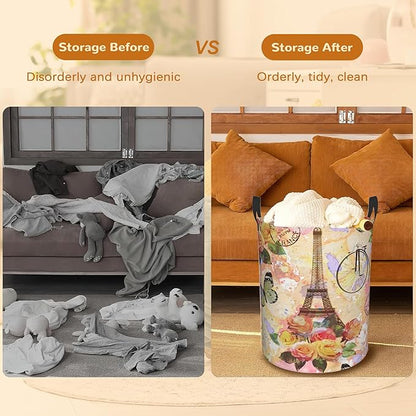 Eiffel Tower Collapsible Laundry Basket,Vintage Rose Butterfly Bedroom Waterproof Laundry Hamper,Bathroom Large Storage Bag,College Dormitory Living Room Nursery Organizer Toy Bin 16" x 20"