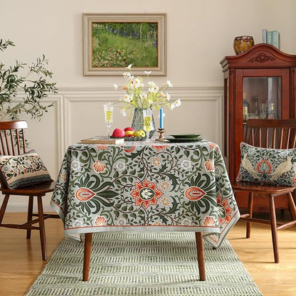 ISAENNE Designer Bohemian Linen Green Long Tablecloth Rectangle,Floral Indoor Table Cloth,Stain Resistant Decor Tablecloths for Dining Thanksgiving Kitchen Party Christmas,63"*102"-Naples