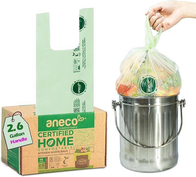 ANECO 100% Compostable Food Waste Bags 2.6 Gallon With Handles, Small Compost Bags for Countertop Bin, OK Compost HOME & BPI Certified Compostable Kitchen Food Waste Bag (45 Count)