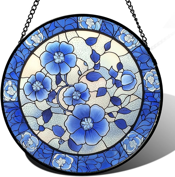 Stained Glass Window Hanging, Blue and White Plum Blossom Sun Catcher for Door Home Decor Flowers Suncatcher Christmas Mother's Day Birthday Gifts for Women Men Mom and Nana 11.8 in
