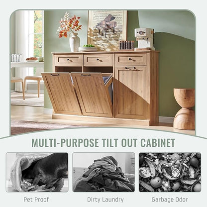 Triple Tilt Out Laundry Hamper Cabinet, 20 Gallon Farmhouse Trash Can Cabinet w/Drawer & Adjustable Shelf, Hidden Garbage Can Bin Cabinets w/Laundry Basket for Bathroom, Kitchen (Natural)