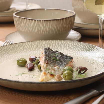 Gibson Elite Jasper 16 Piece Plates and Bowls Reactive Glaze Dishes Stoneware Ceramic Dinnerware Set - Service for 4 - Taupe