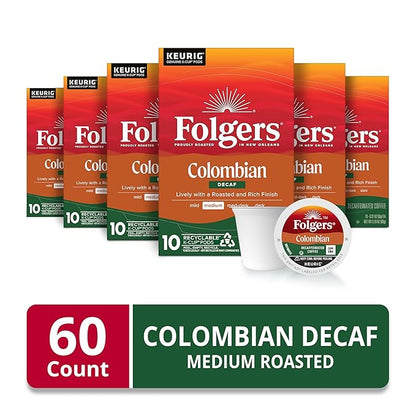 Folgers Colombian Decaf Coffee, Medium Roast, Keurig K-Cup pods, 10 Count Box (Pack of 6)