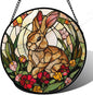 Stained Glass Window Hanging, Cute Bunny Flowers Sun Catcher for Window Door Home Decor, Rabbit Suncatcher Christmas Mother's Day Birthday Gifts for Women Men Mom and Nana 15 in