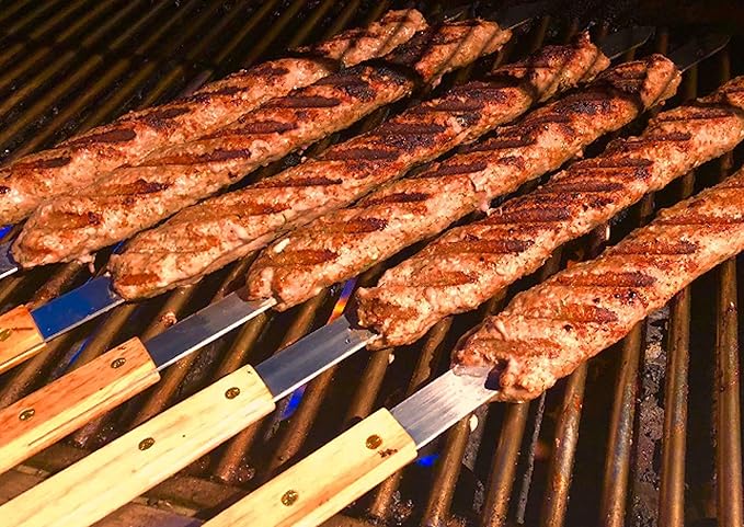 G & F Products BBQ Skewers, 23" x 5/8" Stainless Steel Flat Metal Skewers with Wooden Handles, Heavy-Duty 8-Piece Set with Camouflage Carry Bag for Grilling Meat, Vegetables, and Outdoor Cooking