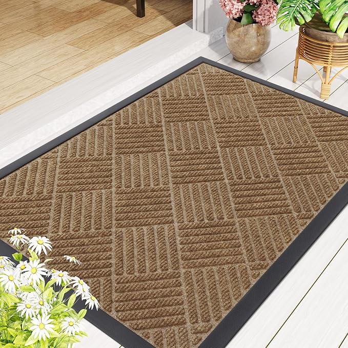 Smiry Front Door Mat Outside Entrance, Heavy Duty Outdoor Indoor Natural Rubber Doormat, Non Slip, Trap Dirt and Moisture, Easy Clean, Low Profile Patio Porch Entryway Mat, 35x23, Coffee