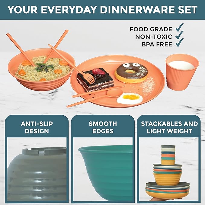 48 Pcs Wheat Straw Dinnerware Sets for 6- Unbreakable Dinnerware Set with Large Plates, Bowls and Cups-BPA Free, Lightweight, Microwave Safe Wheat Straw Plates and Bowls Sets, RV Camping Dishes