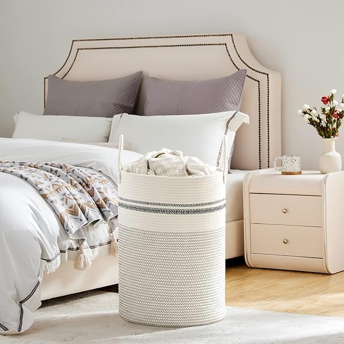 VIPOSCO Large Laundry Hamper, Tall Woven Rope Storage Basket for Blanket, Toys, Dirty Clothes in Living Room, Bathroom, Bedroom - 72L Stripe White