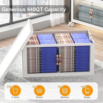 Extra Large Stackable Storage Bins with Lids & Wheels & Door, 640QT-160QT/40GAL*4Pack Foldable Collapsible Closet Organizers, Plastic Containers Drawers for Bedroom Dorm Garage Sturdy MAX
