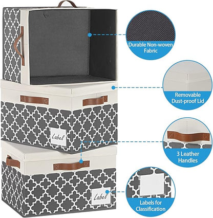 GhvyenntteS Large Fabric Storage Bins with Lids (3 Pack), Foldable Decorative Storage Boxes with Lids and 3 Handles, Sturdy Storage Baskets with Label Window for Home Office (White&Lattice Grey)