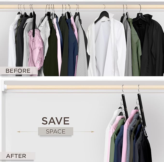 MORALVE Space Saving Hangers for Closet – 4 Pack European Beechwood 6-Tier Shirt Organizer with 360° Swivel Hook – Collapsible Clothes Hanger for Closet Organization (Hangers Not Included)