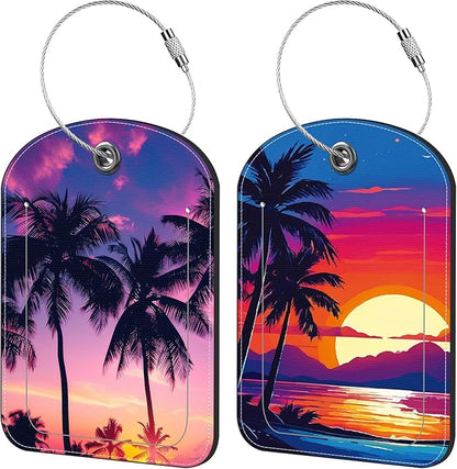Palm Tree and Sunset Luggage Tag for Suitcase Set of 2 PU Leather Cute Luggage Tags with Stainless Metal Loop ID Label Privacy Flap Suitcase Tags for Women and Men Travel