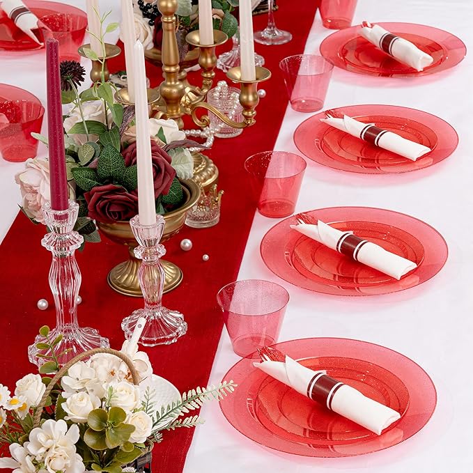 DaYammi 350 Pieces Red Glitter Dinnerware Set 50 Guest for Christmas Party- 50 Dinner Plates, 50 Dessert Plates -50 Per Rolled Napkins with Red Cutlery - 50 Disposable Cups 9 OZ