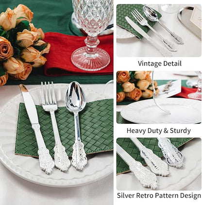 N9R 120PCS Silver Plastic Silverware, Heavy Duty Plastic Cutlery for Parties, Fancy Disposable Flatware Set Includes 40 Forks, 40 Spoons, and 40 Knives, Perfect for Weddings, Dinners, Picnics, Party