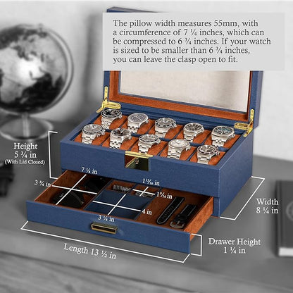 ROTHWELL 10-Slot Watch Box in Leather with Valet Drawer, Luxury Watch Case Display Organizer with Ultra Soft Microsuede Liner, Jewelry and Sunglass Holder With Large Glass top (Blue/Tan)