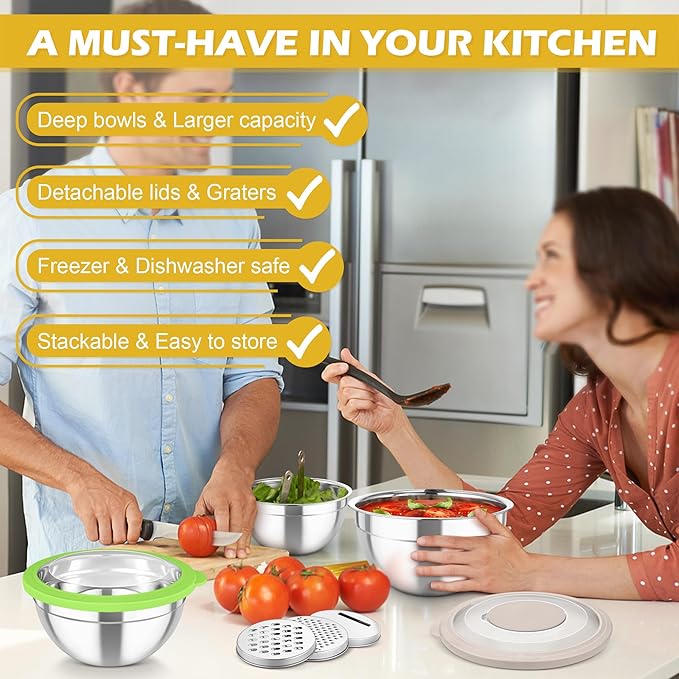 TeamFar Mixing Bowls, 3PCS Stainless Steel Serving Salad Bowls with Lids & 3 Graters, For Kitchen Mixing/Baking/Storing/Prepping, Visible & Airtight, Easy Clean - 4.5/3 / 1.5 QT, Multi-color