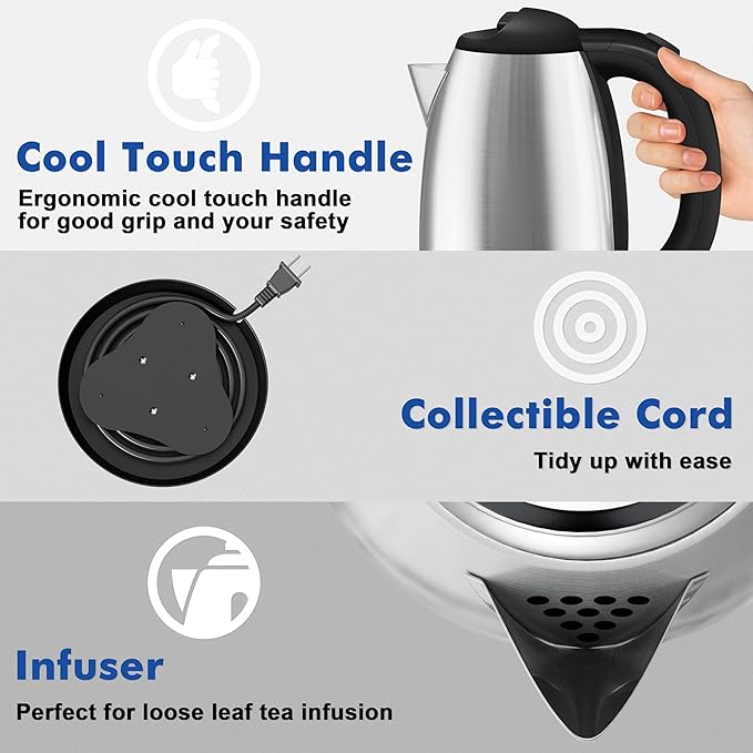 DEZIN Electric Kettle Upgraded, BPA Free 2L Stainless Steel Tea Kettle, Fast Boil Water Warmer with Auto Shut Off and Boil Dry Protection Tech for Coffee, Tea, Beverages