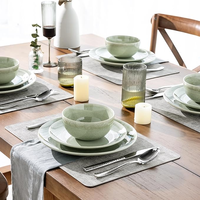 AmorArc Ceramic Dinnerware Sets for 6, 18 Pieces Handpainted Plates and Bowls Set, Scratch Resistant Stoneware Dishes Set, Dishwasher & Microwave Safe, Olive Green