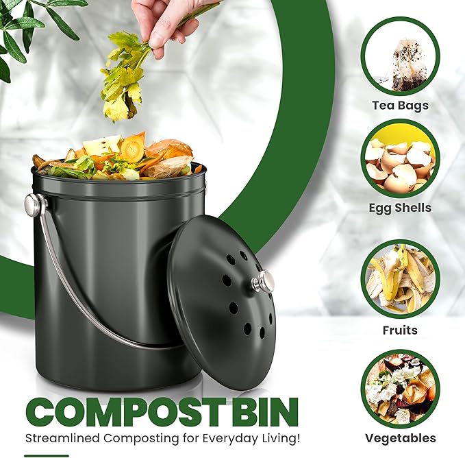 Utopia Kitchen Compost Bin for Kitchen Countertop, 1.3 Gallon Compost Bucket for Kitchen with Lid, Includes 1 Spare Charcoal Filter (Grey)